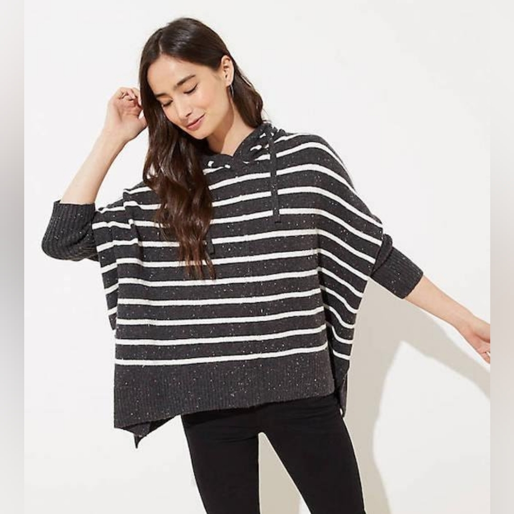 Loft Striped Hooded Poncho Sweater